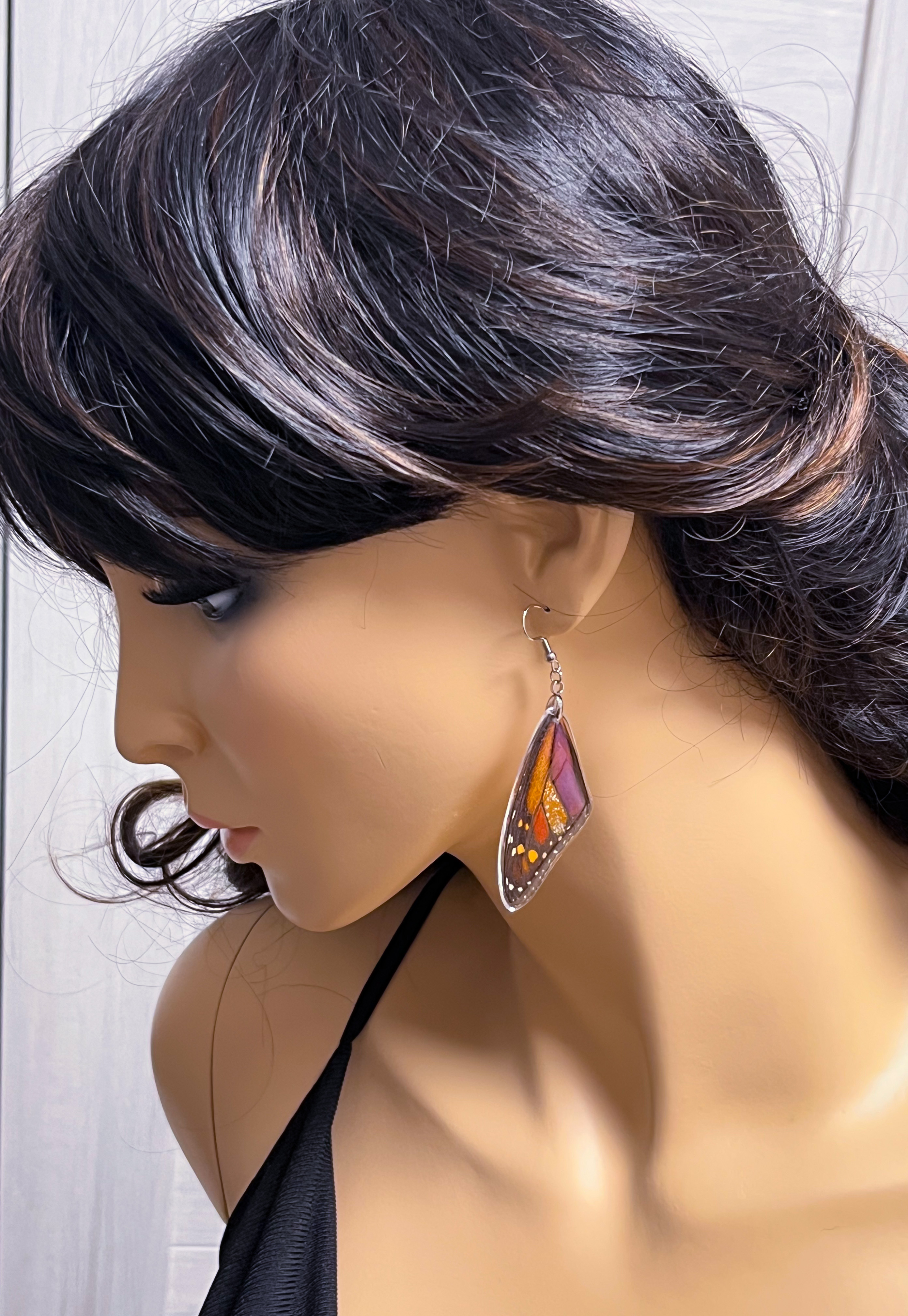 Náušnice Tiffany z křídla motýla Danaus plexipus  No. 2030 - dobarvené